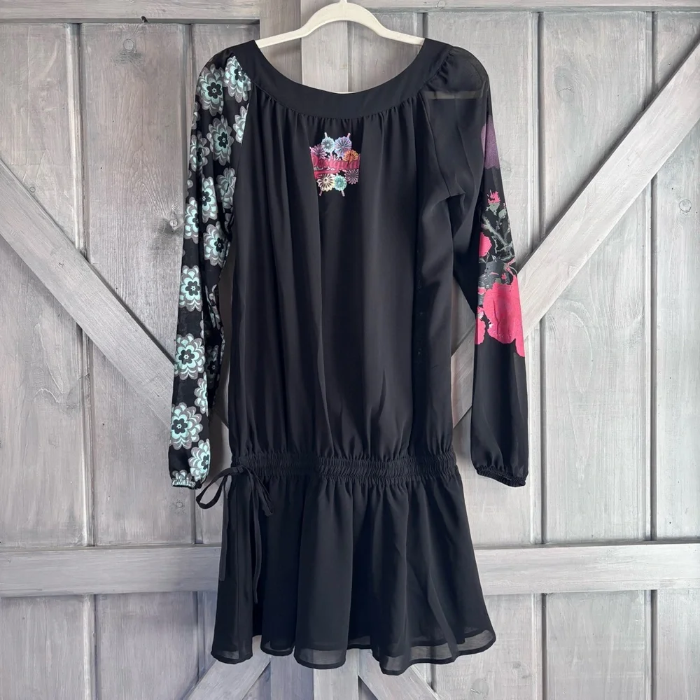 DESIGUAL Black Drop Waist‎ Flowy Dress Printed sleeves Size M - Picture 4 of 14